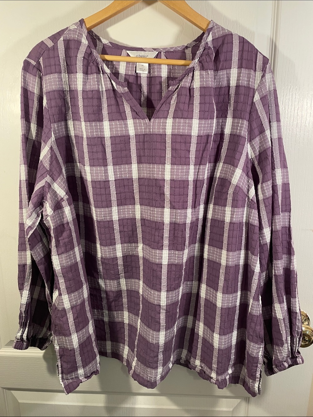 CJ Banks 100% Cotton Purple and White Plaid Tunic Top